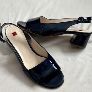 Hōgl Hogl Size 8.5 UK 6 Navy Blue Patent Leather Slingback Peeptoe Heels Buckle
